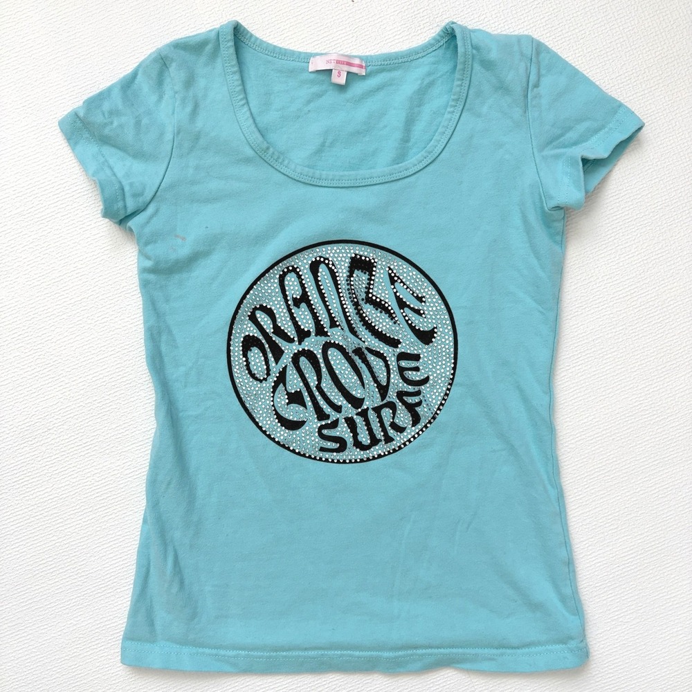 Net Urban T-Shirt Orange Grove Surf Rhinestone Graphic Small Blue